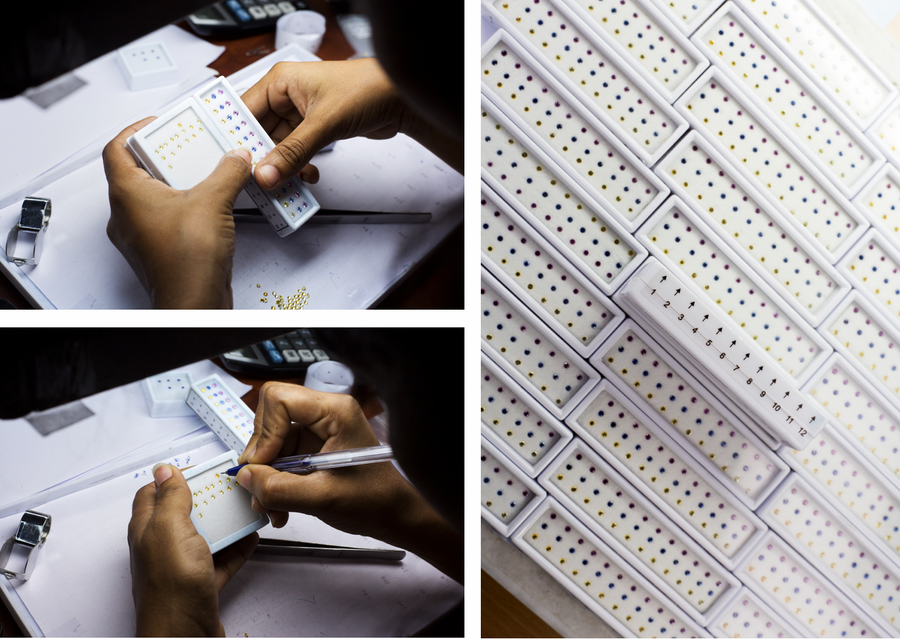Quality control. Every stone that leaves production is checked against the required order specifications: colour, shade, size and purity